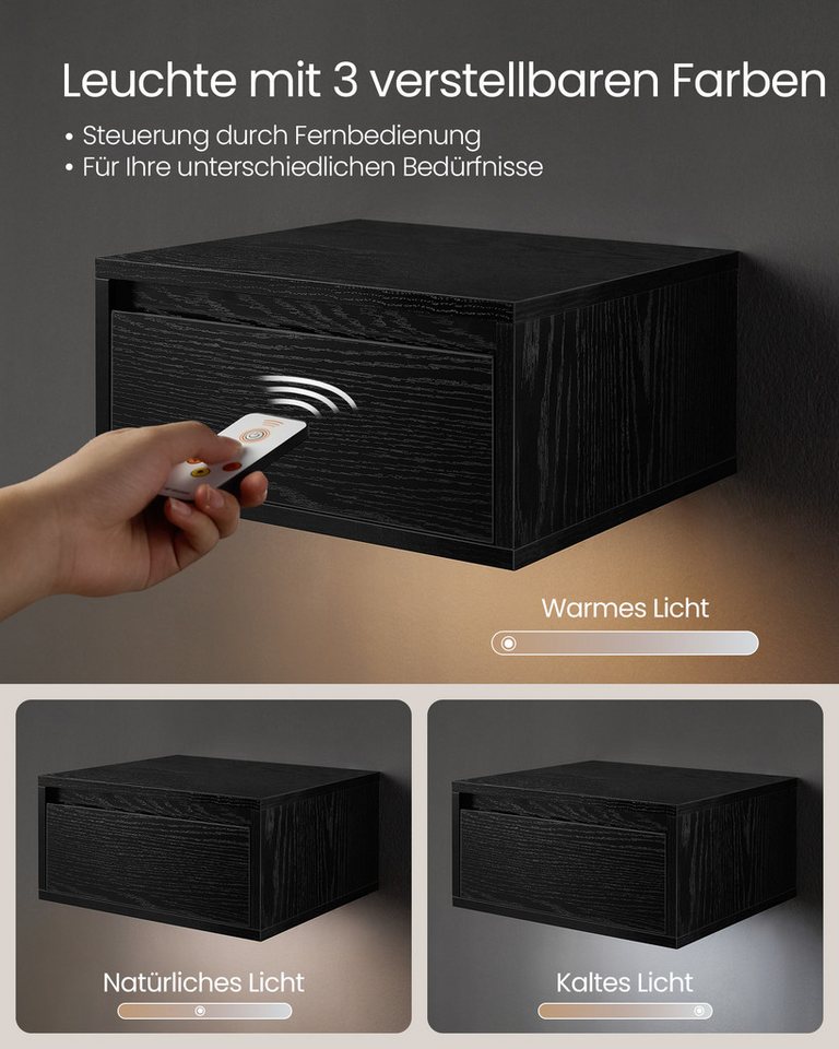 VASAGLE Nachttisch hängend, Leuchte mit 3 Farben, schwebendes Wandregal, Schublade (2-St., 2er Set), 2er-Set, 35 x 40 x 18 cm, für Wohnzimmer und Schlafzimmer – Bild 4 von 5