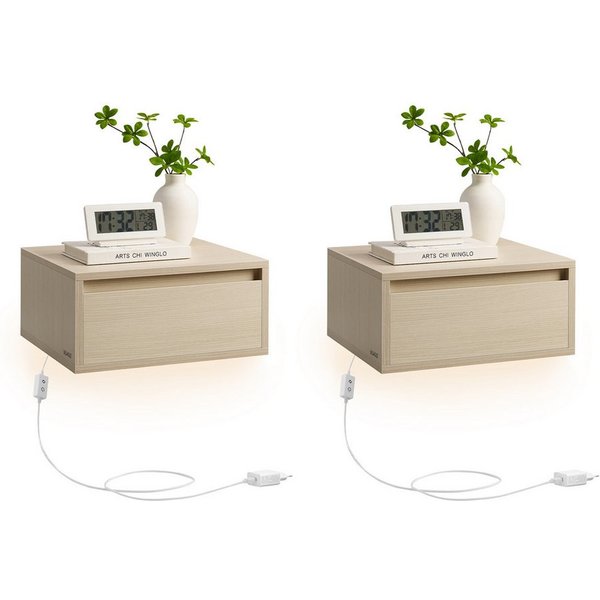 VASAGLE Nachttisch hängend, Leuchte mit 3 Farben, schwebendes Wandregal, Schublade (2-St., 2er Set), 2er-Set, 35 x 40 x 18 cm, für Wohnzimmer und Schlafzimmer