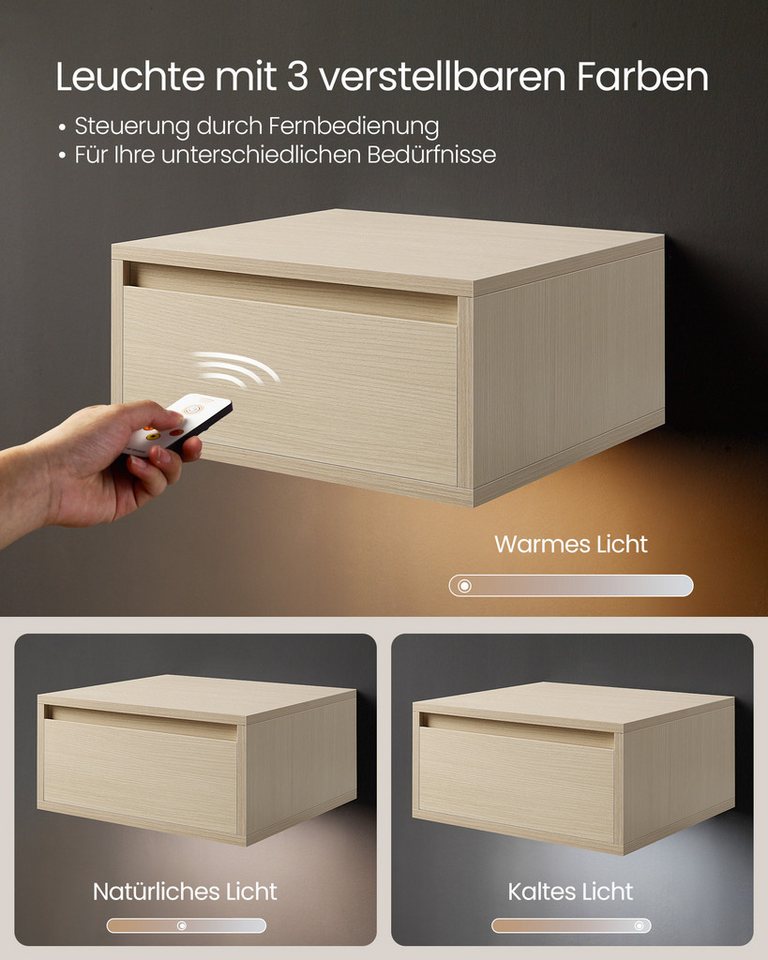 VASAGLE Nachttisch hängend, Leuchte mit 3 Farben, schwebendes Wandregal, Schublade (2-St., 2er Set), 2er-Set, 35 x 40 x 18 cm, für Wohnzimmer und Schlafzimmer – Bild 4 von 5