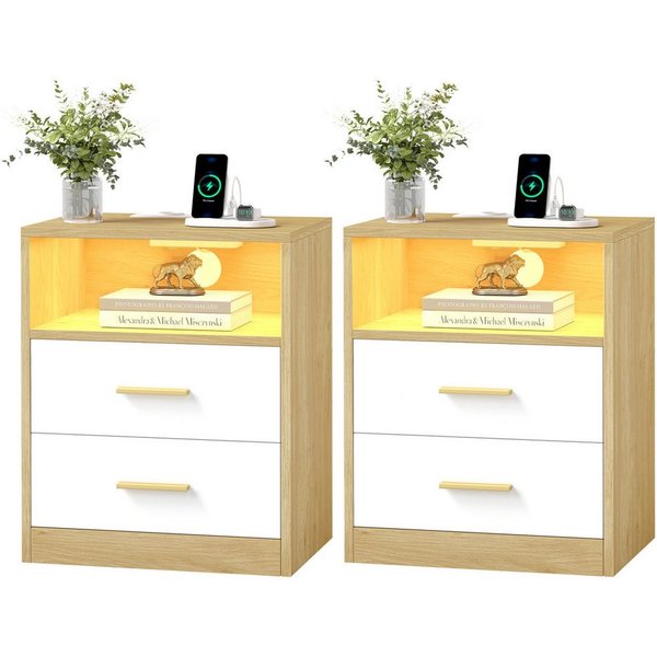 VASAGLE Nachttisch mit Ladestation, LED-Beleuchtung und Schubladen, Beistelltisch, modern, 2 AC-Steckdosen und USB-Anschlüssen, 2er Set