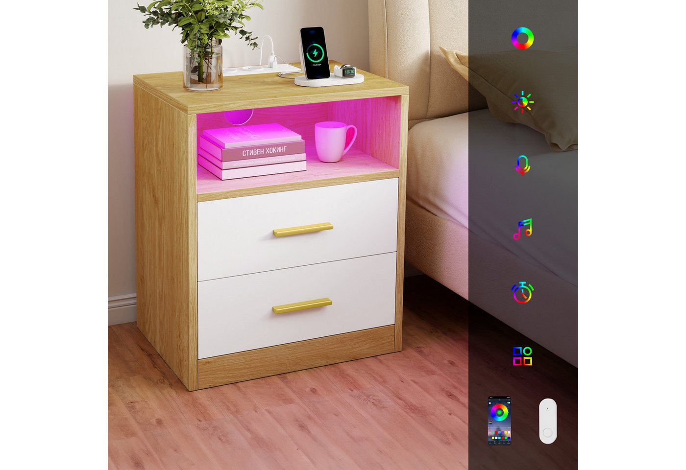 VASAGLE Nachttisch mit Ladestation, LED-Beleuchtung und Schubladen, Beistelltisch, modern, 2 AC-Steckdosen und USB-Anschlüssen, 2er Set – Bild 2 von 3