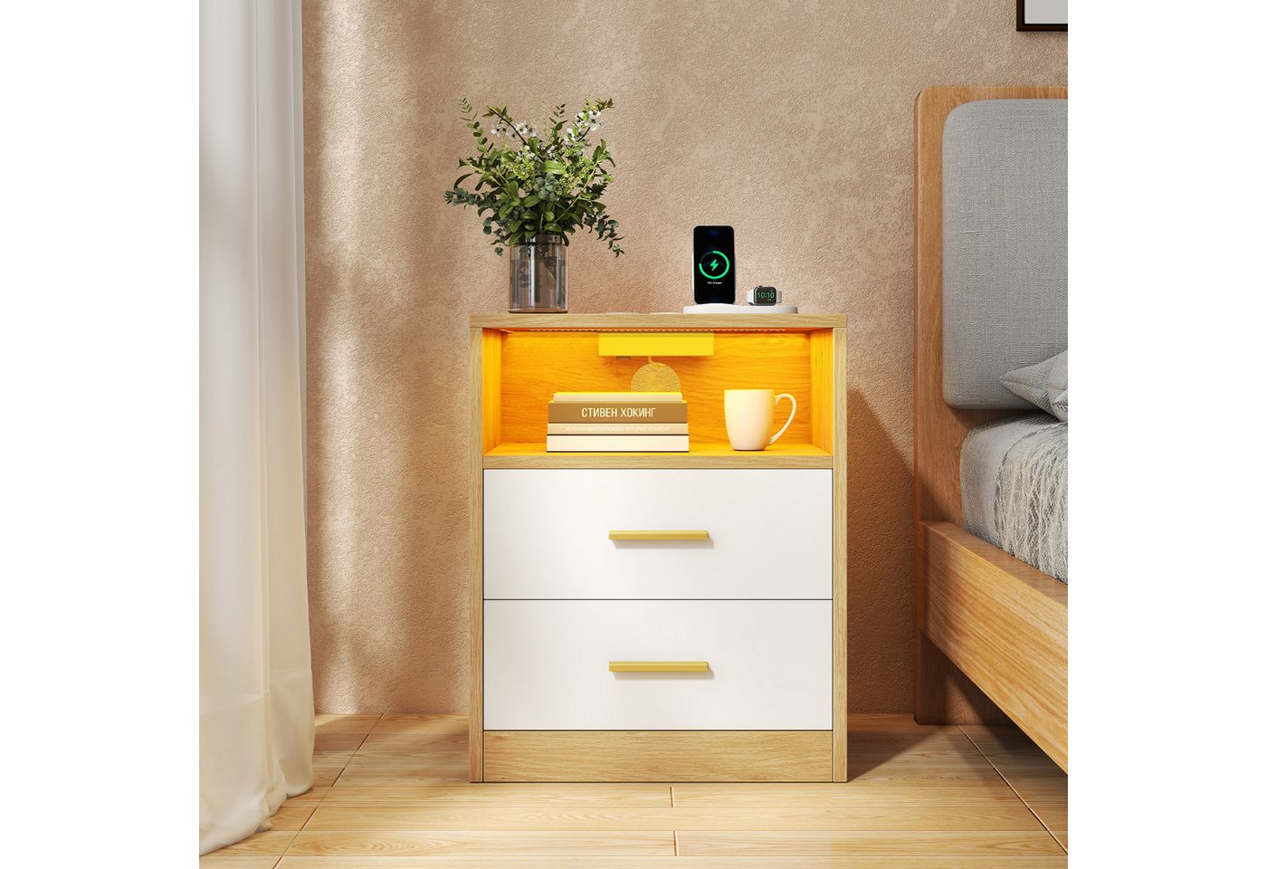 VASAGLE Nachttisch mit Ladestation, LED-Beleuchtung und Schubladen, Beistelltisch, modern, 2 AC-Steckdosen und USB-Anschlüssen, 2er Set – Bild 3 von 3