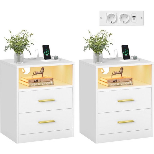 VASAGLE Nachttisch mit Ladestation, LED-Beleuchtung und Schubladen, Beistelltisch, modern, 2 AC-Steckdosen und USB-Anschlüssen, 2er Set