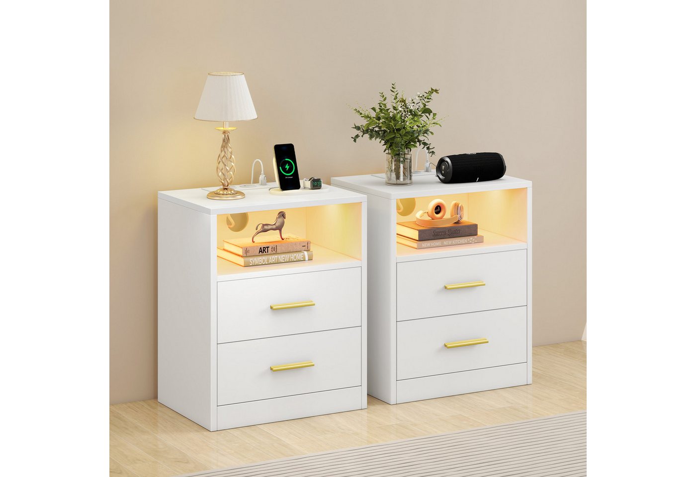 VASAGLE Nachttisch mit Ladestation, LED-Beleuchtung und Schubladen, Beistelltisch, modern, 2 AC-Steckdosen und USB-Anschlüssen, 2er Set – Bild 2 von 5