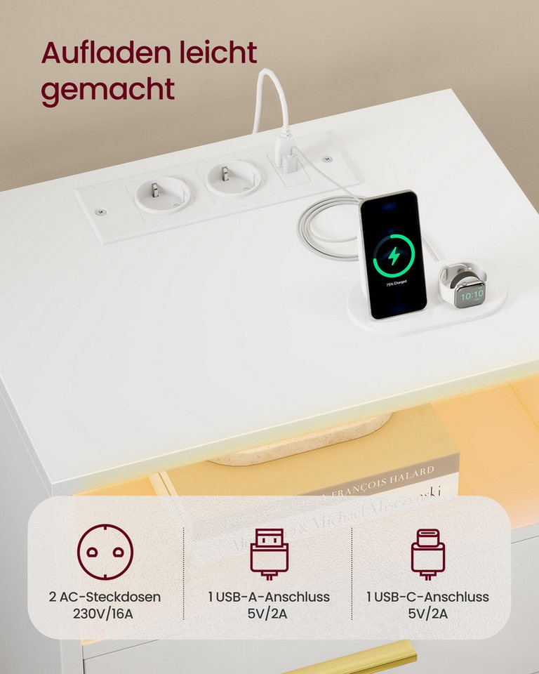 VASAGLE Nachttisch mit Ladestation, LED-Beleuchtung und Schubladen, Beistelltisch, modern, 2 AC-Steckdosen und USB-Anschlüssen, 2er Set – Bild 3 von 5