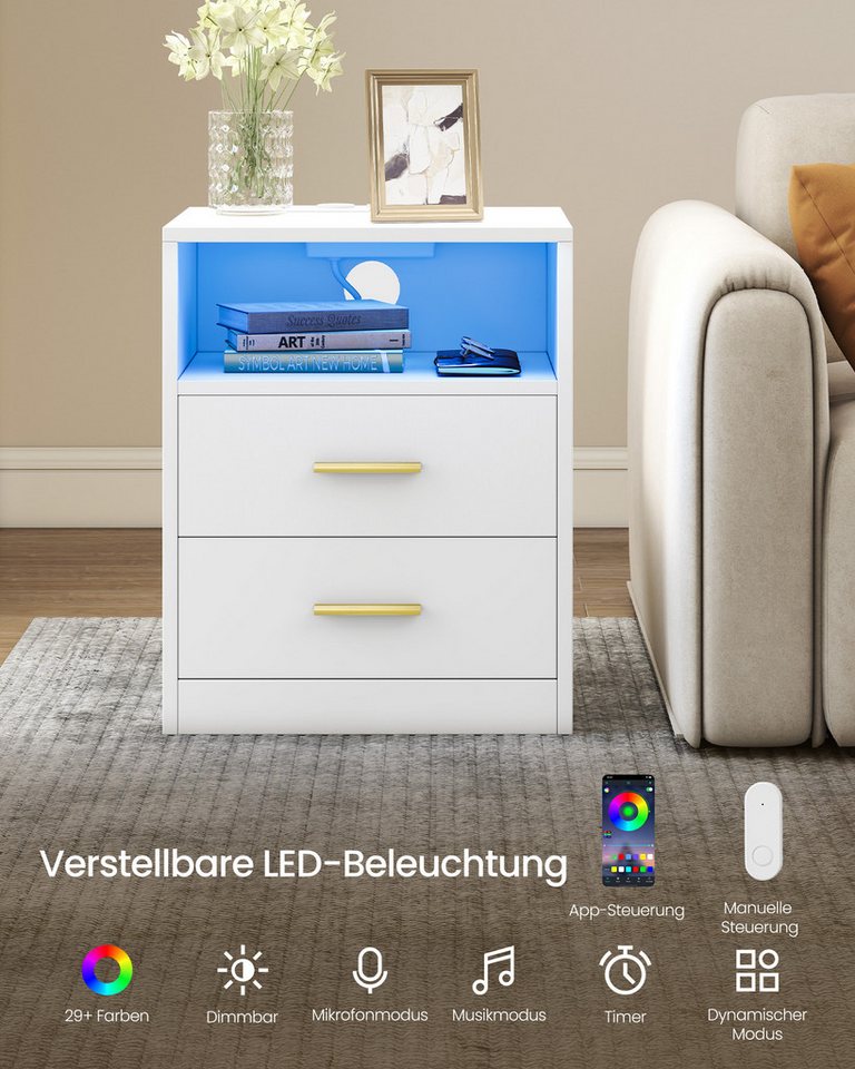 VASAGLE Nachttisch mit Ladestation, LED-Beleuchtung und Schubladen, Beistelltisch, modern, 2 AC-Steckdosen und USB-Anschlüssen, 2er Set – Bild 4 von 5