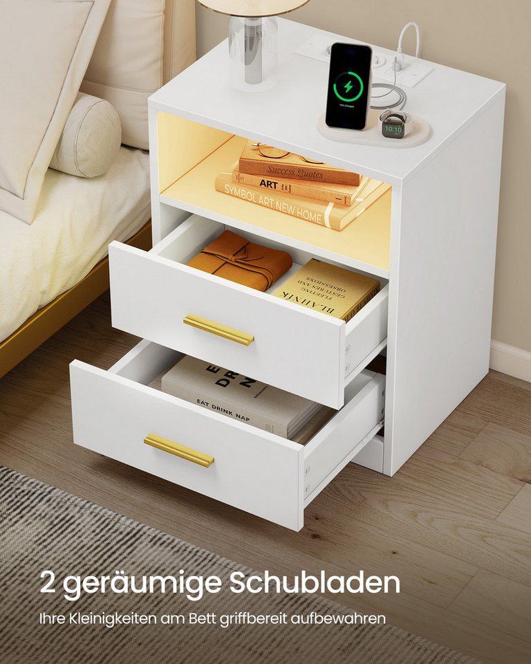 VASAGLE Nachttisch mit Ladestation, LED-Beleuchtung und Schubladen, Beistelltisch, modern, 2 AC-Steckdosen und USB-Anschlüssen, 2er Set – Bild 5 von 5