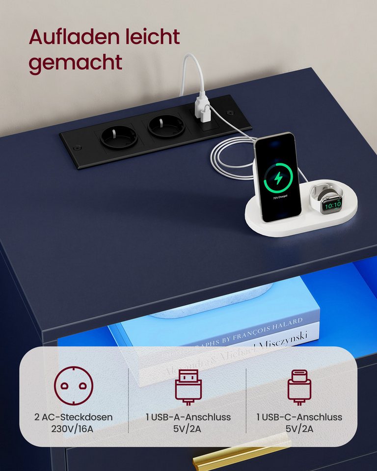 VASAGLE Nachttisch mit Ladestation, LED-Beleuchtung und Schubladen – Bild 3 von 5