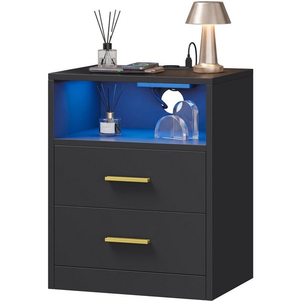 VASAGLE Nachttisch mit Ladestation, LED-Beleuchtung und Schubladen, Beistelltisch, modern, 2 AC-Steckdosen und USB-Anschlüssen, 1er Set