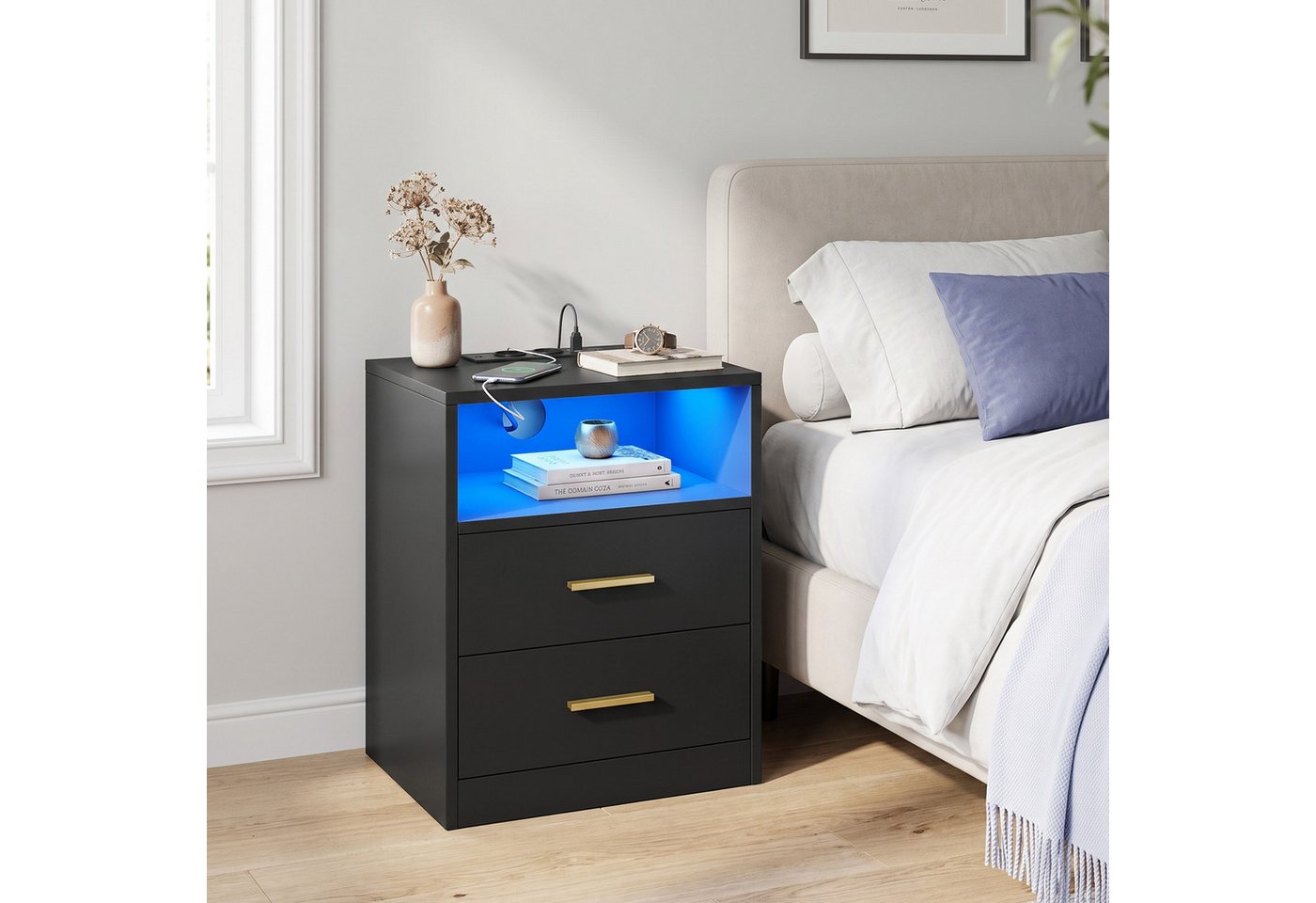 VASAGLE Nachttisch mit Ladestation, LED-Beleuchtung und Schubladen, Beistelltisch, modern, 2 AC-Steckdosen und USB-Anschlüssen, 1er Set – Bild 2 von 5