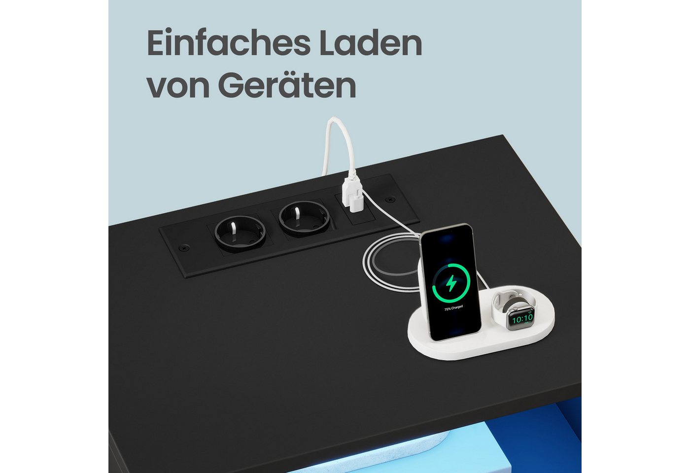 VASAGLE Nachttisch mit Ladestation, LED-Beleuchtung und Schubladen, Beistelltisch, modern, 2 AC-Steckdosen und USB-Anschlüssen, 1er Set – Bild 4 von 5