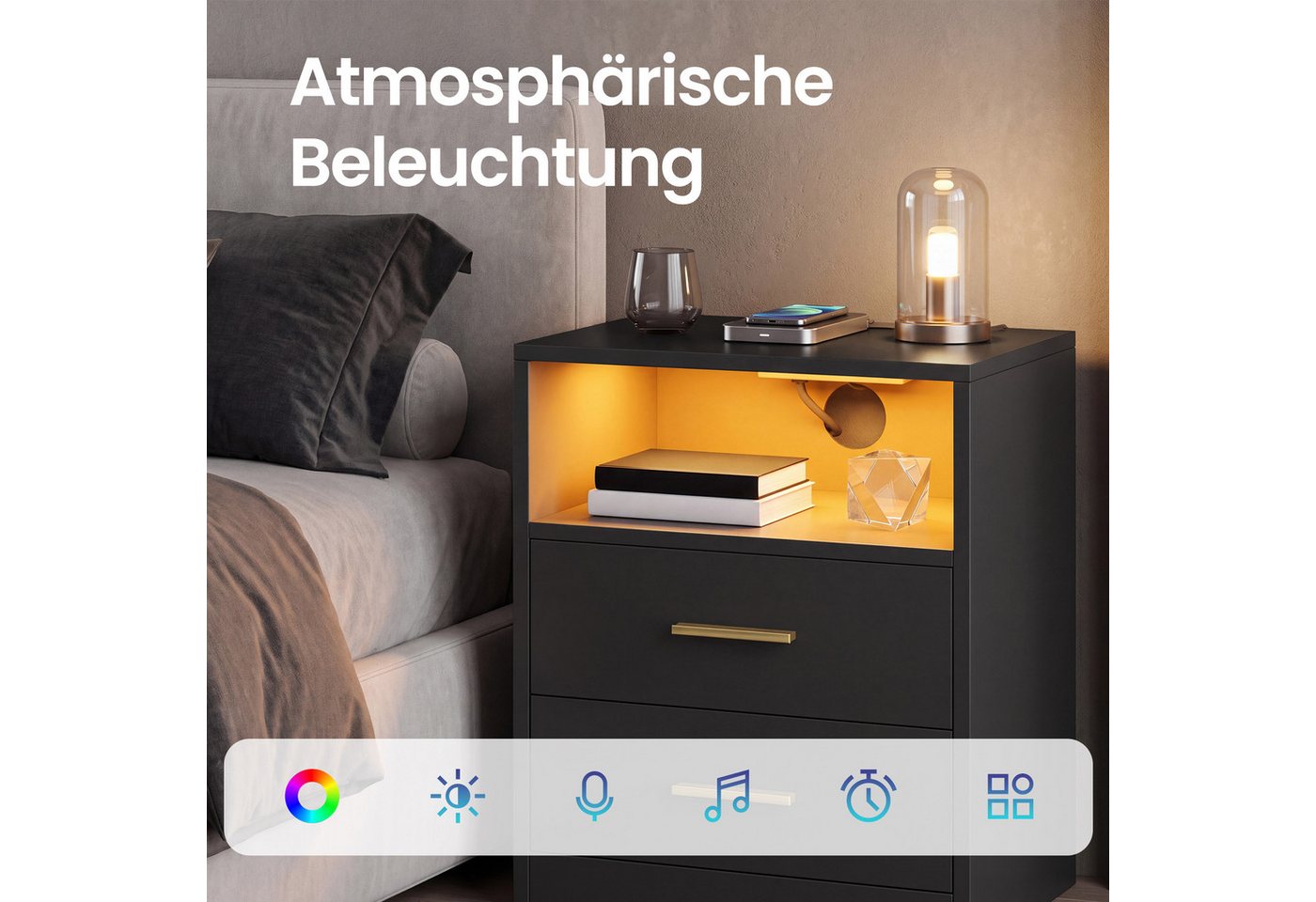 VASAGLE Nachttisch mit Ladestation, LED-Beleuchtung und Schubladen, Beistelltisch, modern, 2 AC-Steckdosen und USB-Anschlüssen, 1er Set – Bild 5 von 5