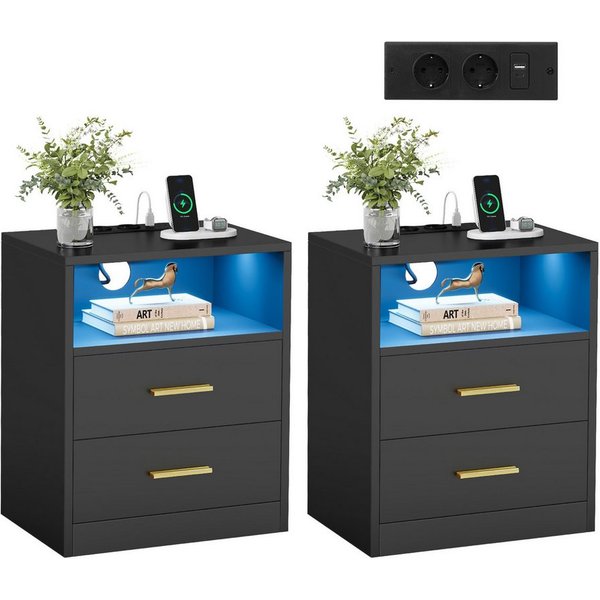 VASAGLE Nachttisch mit Ladestation, LED-Beleuchtung und Schubladen, Beistelltisch, modern, 2 AC-Steckdosen und USB-Anschlüssen, 2er Set
