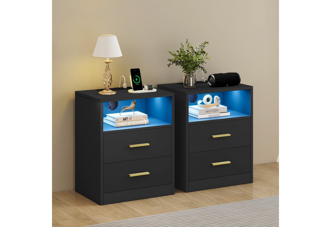 VASAGLE Nachttisch mit Ladestation, LED-Beleuchtung und Schubladen, Beistelltisch, modern, 2 AC-Steckdosen und USB-Anschlüssen, 2er Set – Bild 2 von 5