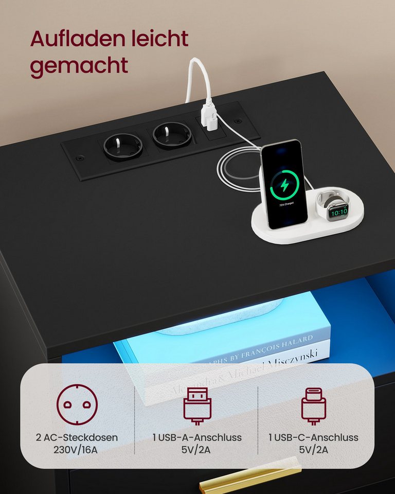 VASAGLE Nachttisch mit Ladestation, LED-Beleuchtung und Schubladen, Beistelltisch, modern, 2 AC-Steckdosen und USB-Anschlüssen, 2er Set – Bild 3 von 5