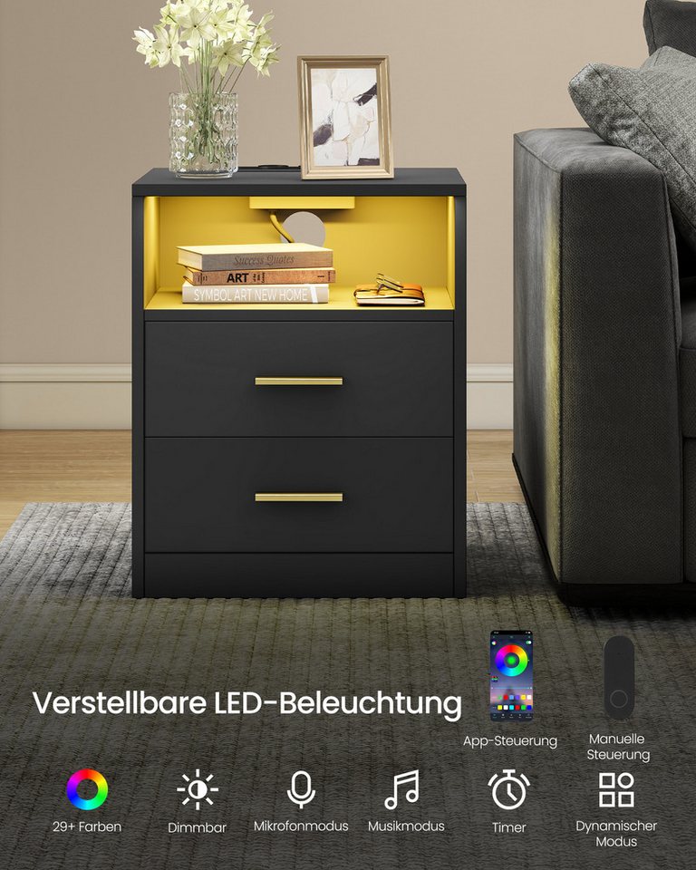 VASAGLE Nachttisch mit Ladestation, LED-Beleuchtung und Schubladen, Beistelltisch, modern, 2 AC-Steckdosen und USB-Anschlüssen, 2er Set – Bild 4 von 5