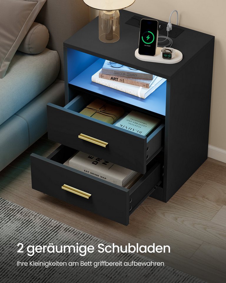 VASAGLE Nachttisch mit Ladestation, LED-Beleuchtung und Schubladen, Beistelltisch, modern, 2 AC-Steckdosen und USB-Anschlüssen, 2er Set – Bild 5 von 5