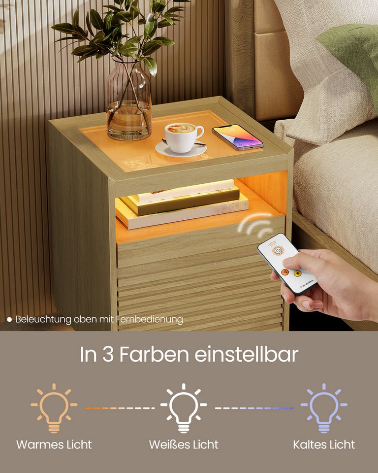 VASAGLE Nachttisch mit LED-Beleuchtung, Beistelltisch, Schublade, Obere Beleuchtung 3-farbig einstellbar, unten mit Bewegungssensor – Bild 3 von 5