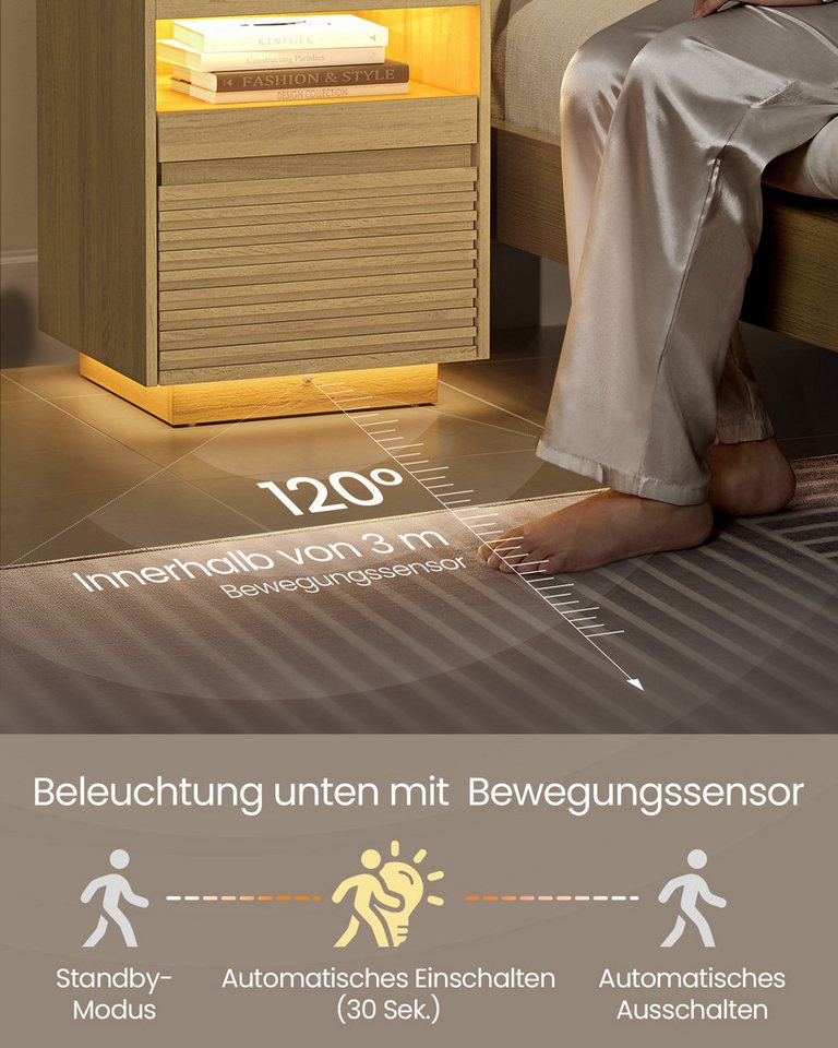 VASAGLE Nachttisch mit LED-Beleuchtung, Beistelltisch, Schublade, Obere Beleuchtung 3-farbig einstellbar, unten mit Bewegungssensor – Bild 4 von 5