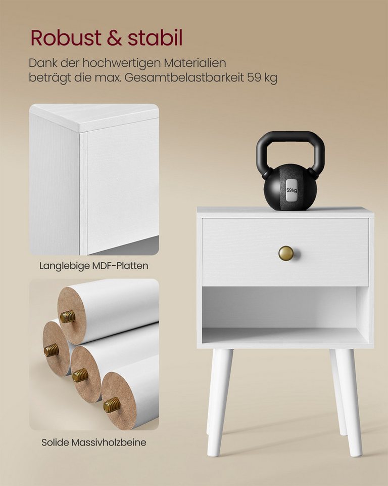 VASAGLE Nachttisch Nachttisch mit Schublade, offener Ablage und Holzbeinen (2-St), 2er-Set, Beistelltisch für Wohnzimmer, Schlafzimmer – Bild 4 von 5
