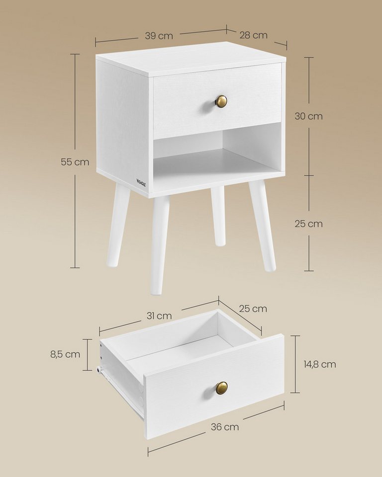 VASAGLE Nachttisch Nachttisch mit Schublade, offener Ablage und Holzbeinen (2-St), 2er-Set, Beistelltisch für Wohnzimmer, Schlafzimmer – Bild 5 von 5