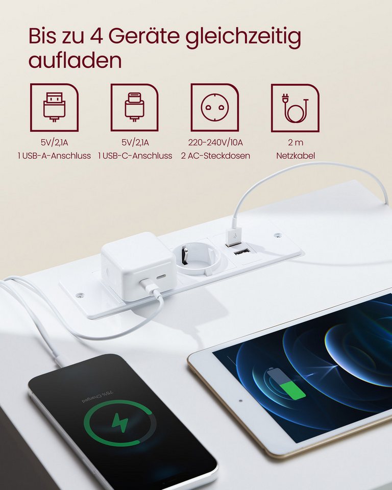 VASAGLE Nachttisch Nachttisch mit Steckdosenleiste, Beistelltisch, 2 Schubladen, modern (2-St), 2 AC-Steckdosen, 2 USB-A-Anschlüsse, für Schlafzimmer – Bild 3 von 5