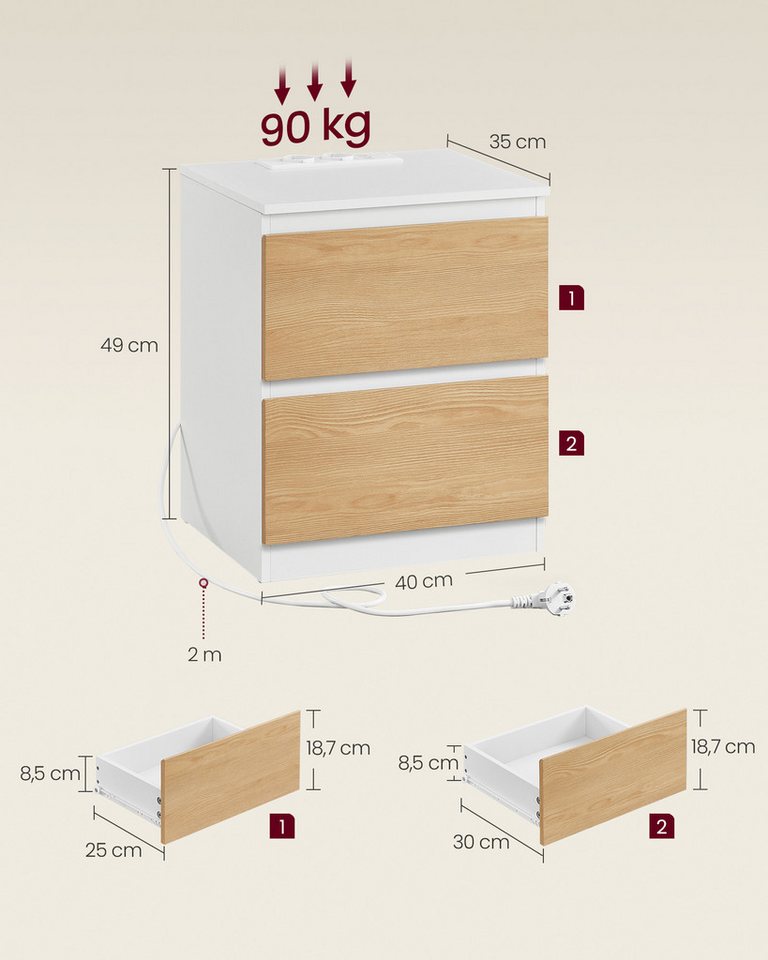 VASAGLE Nachttisch Nachttisch mit Steckdosenleiste, Beistelltisch, 2 Schubladen, modern (2-St), 2 AC-Steckdosen, 2 USB-A-Anschlüsse, für Schlafzimmer – Bild 5 von 5