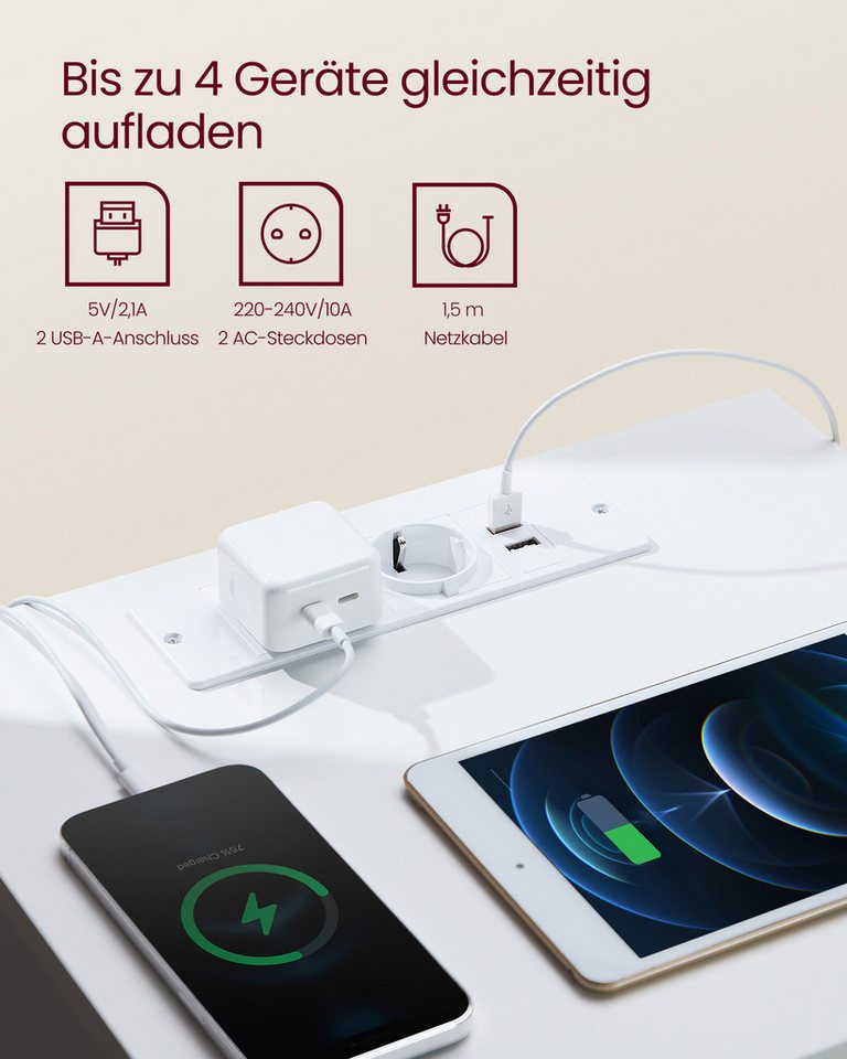 VASAGLE Nachttisch Nachttisch mit Steckdosenleiste, Beistelltisch, 2 Schubladen, modern (2-St), 2 AC-Steckdosen, 2 USB-A-Anschlüsse, für Schlafzimmer – Bild 3 von 5