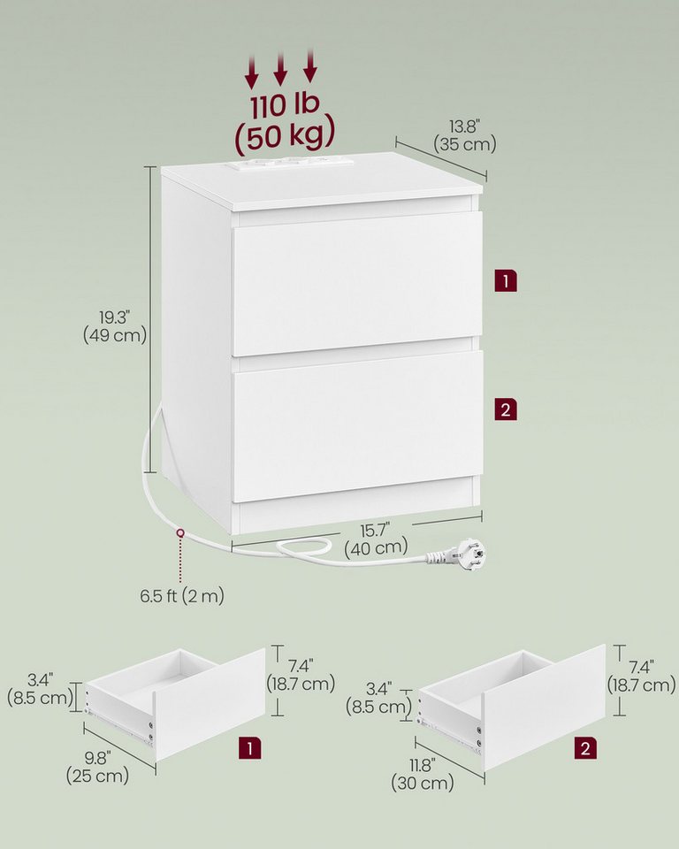 VASAGLE Nachttisch Nachttisch mit Steckdosenleiste, Beistelltisch, 2 Schubladen, modern (2-St), 2 AC-Steckdosen, 2 USB-A-Anschlüsse, für Schlafzimmer – Bild 5 von 5