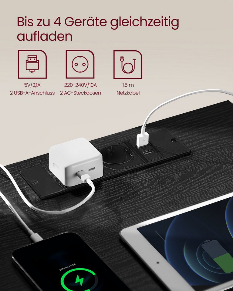 VASAGLE Nachttisch Nachttisch mit Steckdosenleiste, Beistelltisch, 2 Schubladen, modern (2-St), 2 AC-Steckdosen, 2 USB-A-Anschlüsse, für Schlafzimmer – Bild 3 von 5