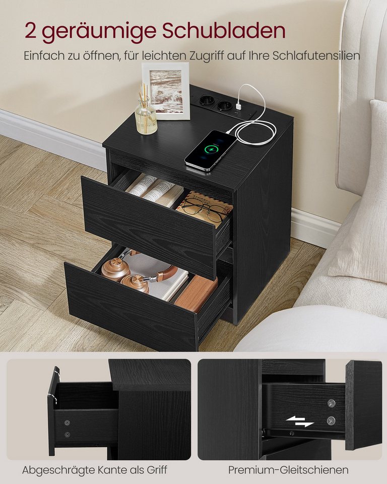 VASAGLE Nachttisch Nachttisch mit Steckdosenleiste, Beistelltisch, 2 Schubladen, modern (2-St), 2 AC-Steckdosen, 2 USB-A-Anschlüsse, für Schlafzimmer – Bild 4 von 5