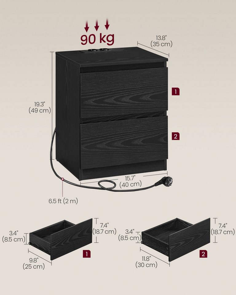 VASAGLE Nachttisch Nachttisch mit Steckdosenleiste, Beistelltisch, 2 Schubladen, modern (2-St), 2 AC-Steckdosen, 2 USB-A-Anschlüsse, für Schlafzimmer – Bild 5 von 5