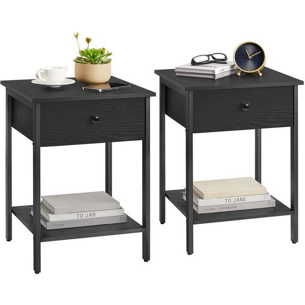 VASAGLE Nachttisch Nachtkommode, Beistelltisch, 40 x 40 x 55 cm, Schlafzimmer, Wohnzimmer (2-St), mit Schublade, Ablage, Stahlrahmen, einfacher Aufbau, ebenholz