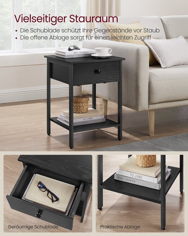 VASAGLE Nachttisch Nachtkommode, Beistelltisch, 40 x 40 x 55 cm, Schlafzimmer, Wohnzimmer (2-St), mit Schublade, Ablage, Stahlrahmen, einfacher Aufbau, ebenholz – Bild 4 von 5