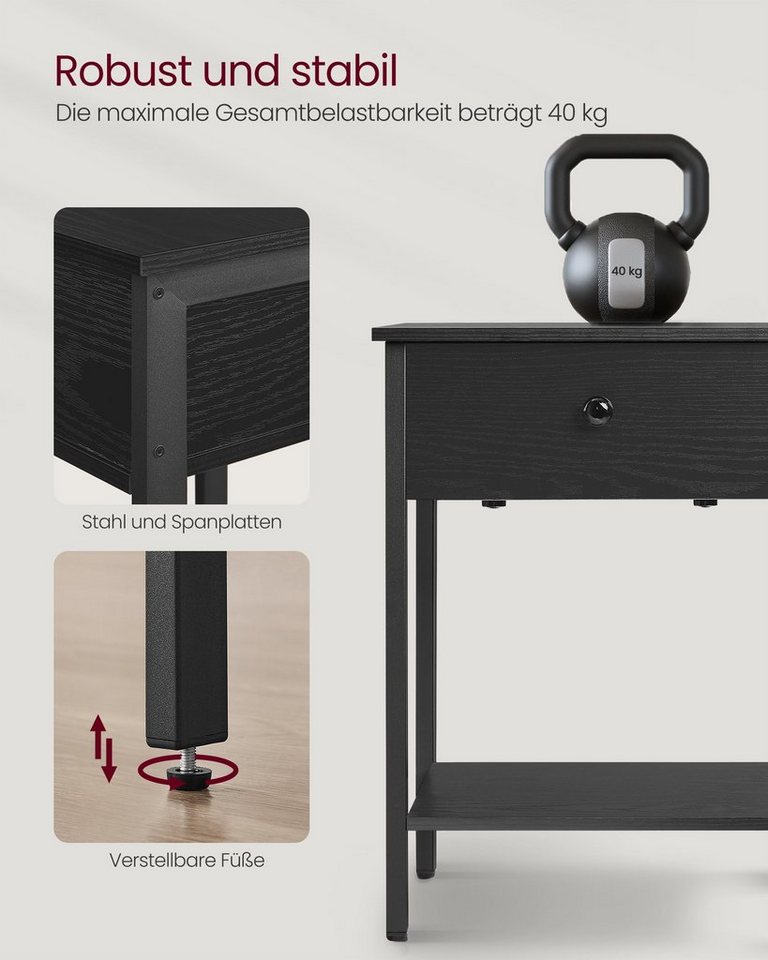 VASAGLE Nachttisch Nachtkommode, Beistelltisch, 40 x 40 x 55 cm, Schlafzimmer, Wohnzimmer (2-St), mit Schublade, Ablage, Stahlrahmen, einfacher Aufbau, ebenholz – Bild 5 von 5