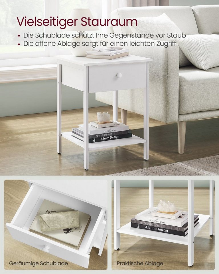 VASAGLE Nachttisch Nachtkommode, Beistelltisch, 40 x 40 x 55 cm, Schlafzimmer, Wohnzimmer (2-St), mit Schublade und Ablage, Stahlrahmen, einfacher Aufbau, mattw – Bild 4 von 5