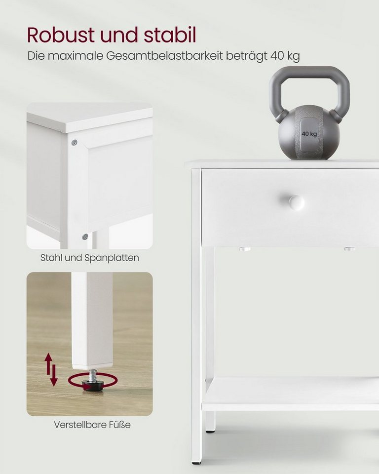 VASAGLE Nachttisch Nachtkommode, Beistelltisch, 40 x 40 x 55 cm, Schlafzimmer, Wohnzimmer (2-St), mit Schublade und Ablage, Stahlrahmen, einfacher Aufbau, mattw – Bild 5 von 5