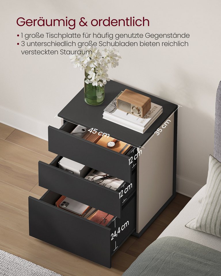 VASAGLE Nachttisch Nachtschrank, Toolless-Technologie, superschnelle werkzeuglose Montage (2-St), Schlafzimmer, Wohnzimmer, Beistelltisch 3 Schubladen, 2er Set – Bild 4 von 5