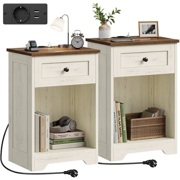 VASAGLE Nachttisch Nachtschrank mit Ladefunktion mit 3 Schubladen, 2er Set mit Steckdose, USB-Anschlüssen und Schublade, 40 x 30 x 59 cm