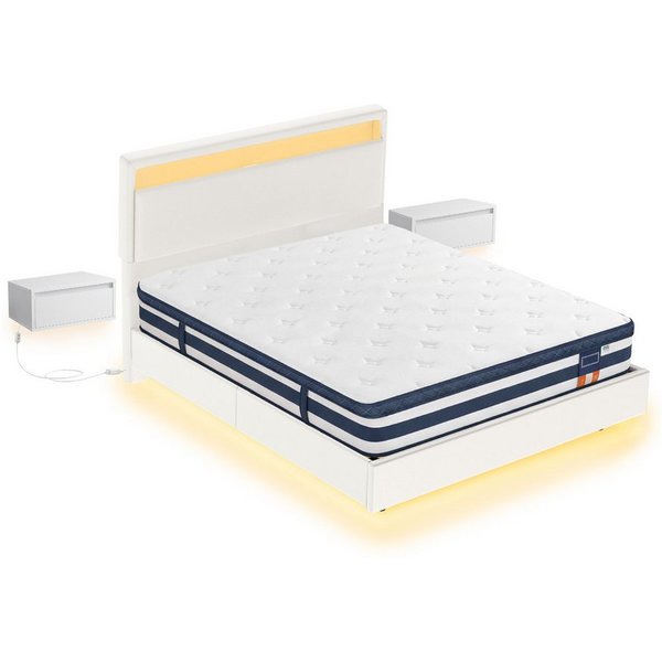 VASAGLE Polsterbett Bettgestell, Doppelbettgestell, Bett mit LED-Beleuchtung, wolkenweiß