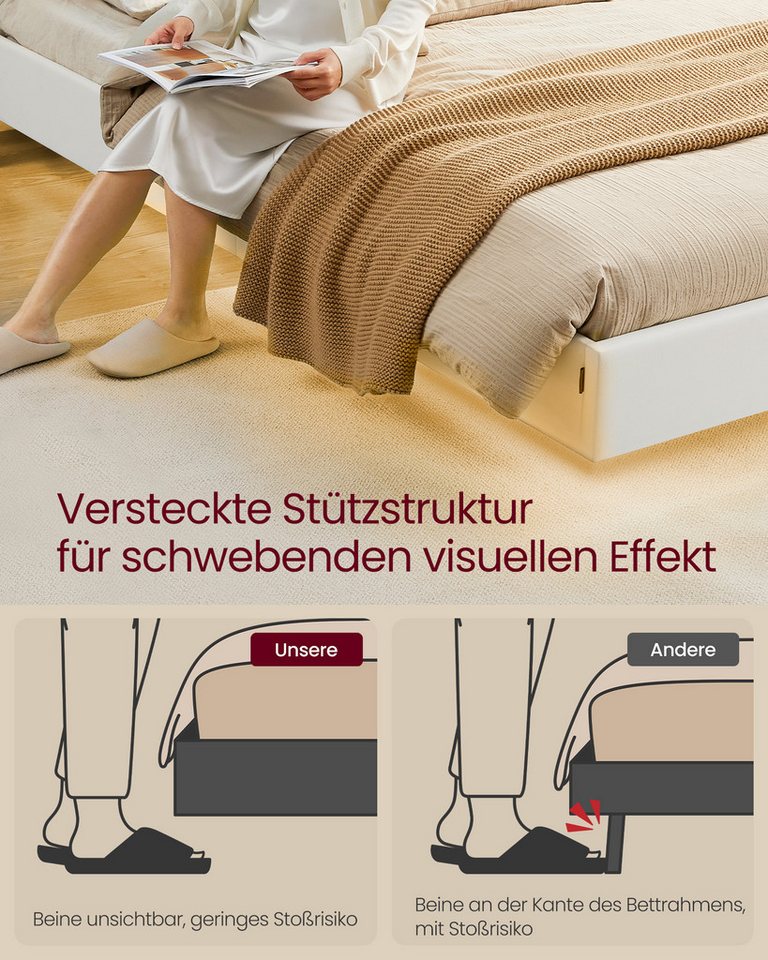 VASAGLE Polsterbett Bettgestell, Doppelbettgestell, Bett mit LED-Beleuchtung, wolkenweiß – Bild 5 von 5