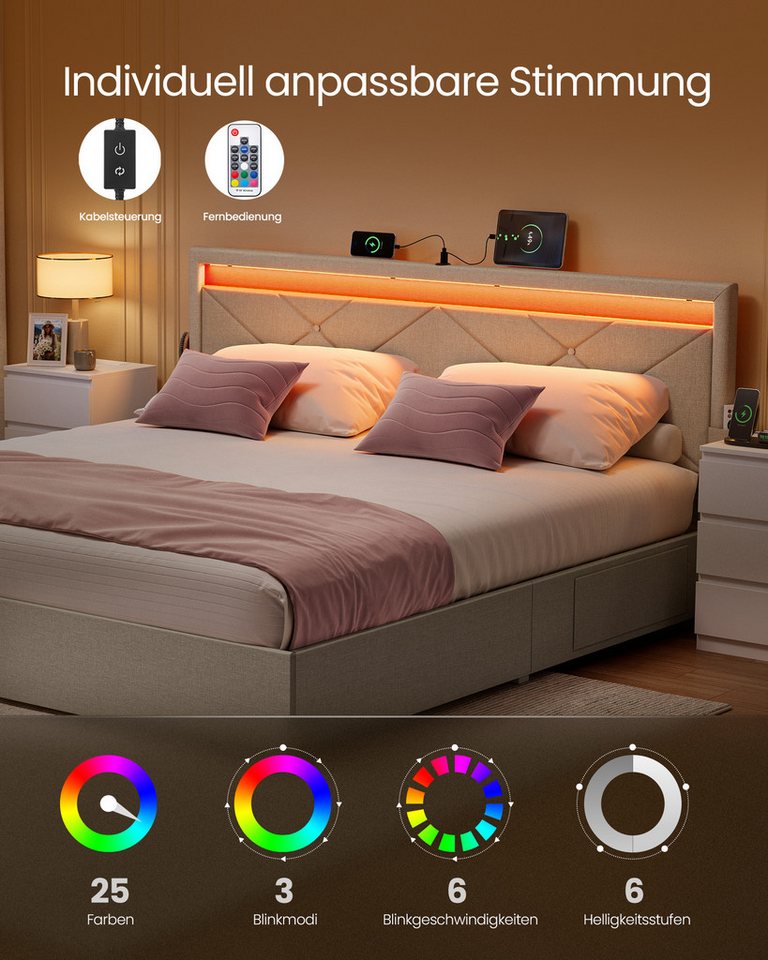 VASAGLE Polsterbett bettgestell, LED (25 Farben), USB-A & USB-C Ladestation, Stauraumbett (160 x 200 cm, 4 Schubladen, verstellbares gepolstertes Kopfteil), Lat – Bild 3 von 5