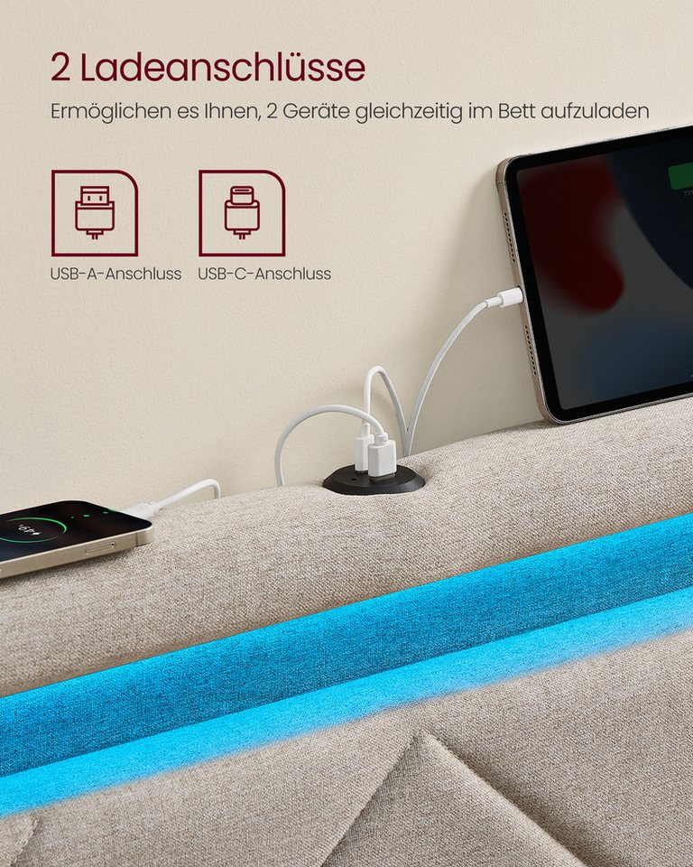 VASAGLE Polsterbett bettgestell, LED (25 Farben), USB-A & USB-C Ladestation, Stauraumbett (160 x 200 cm, 4 Schubladen, verstellbares gepolstertes Kopfteil), Lat – Bild 4 von 5