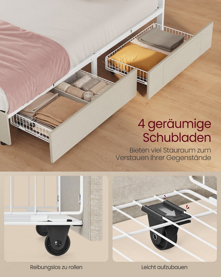VASAGLE Polsterbett bettgestell, LED (25 Farben), USB-A & USB-C Ladestation, Stauraumbett (160 x 200 cm, 4 Schubladen, verstellbares gepolstertes Kopfteil), Lat – Bild 5 von 5