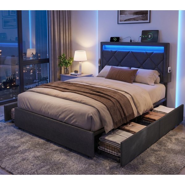 VASAGLE Polsterbett bettgestell, LED (25 Farben), USB-A & USB-C Ladestation, Stauraumbett (90 x 200 cm, 4 Schubladen, verstellbares gepolstertes Kopfteil), Latt