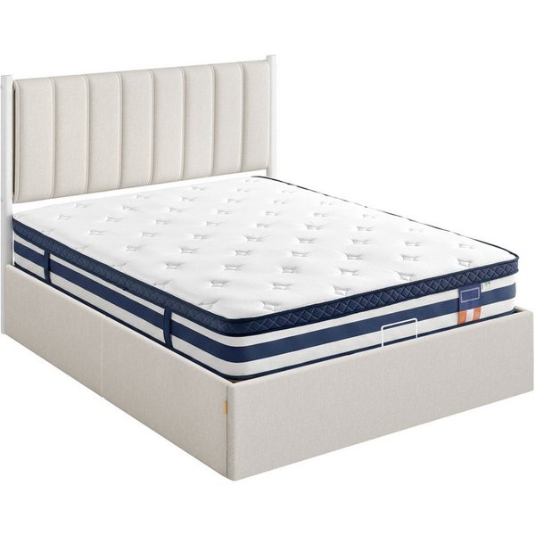 VASAGLE Polsterbett Bettgestell, Bettrahmen, Bett, modern, einfache Montage, Kopfteil, Polsterbett und Matratze Set, mit Stauraum 140x200 cm