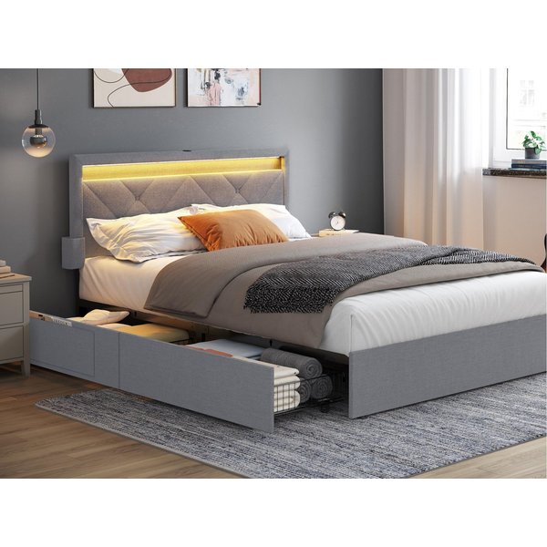 VASAGLE Polsterbett bettgestell, LED (25 Farben), USB-A & USB-C Ladestation, Stauraumbett (140 x 200 cm, 4 Schubladen, verstellbares gepolstertes Kopfteil), Lat