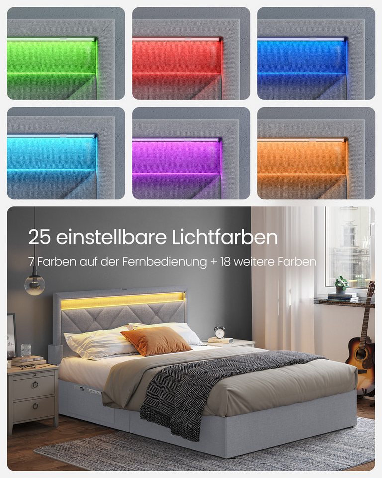 VASAGLE Polsterbett bettgestell, LED (25 Farben), USB-A & USB-C Ladestation, Stauraumbett (140 x 200 cm, 4 Schubladen, verstellbares gepolstertes Kopfteil), Lat – Bild 2 von 5