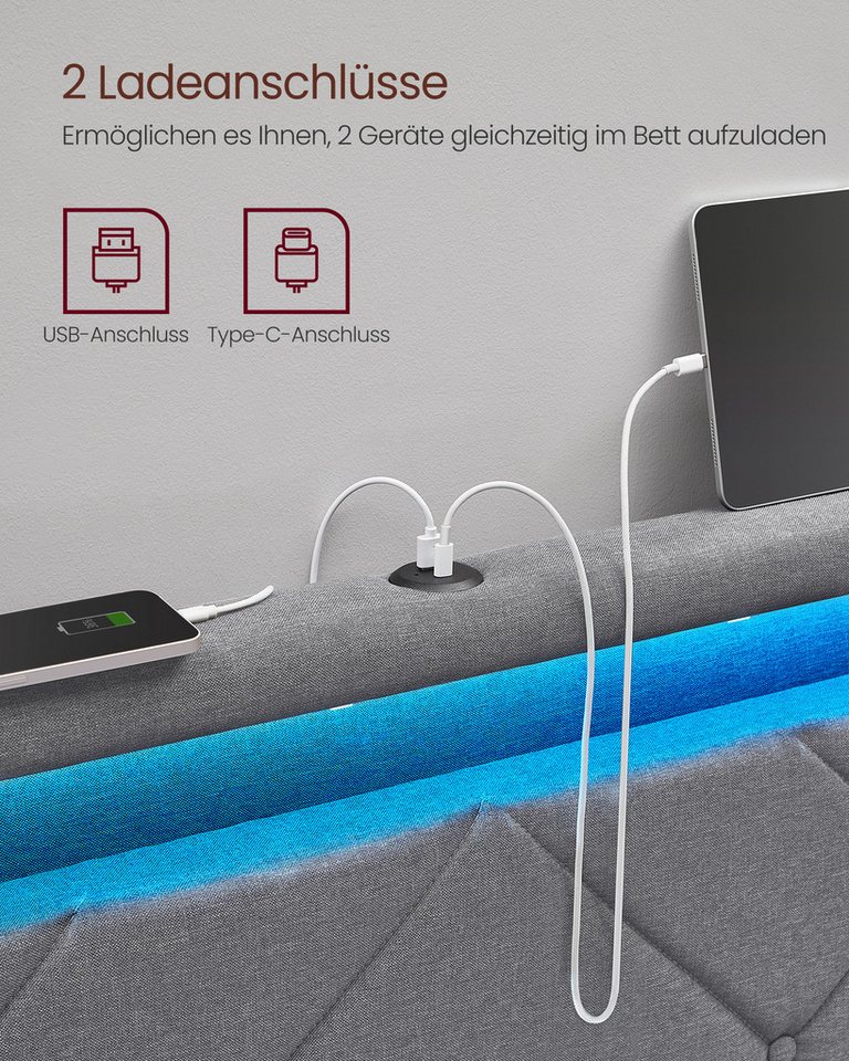 VASAGLE Polsterbett bettgestell, LED (25 Farben), USB-A & USB-C Ladestation, Stauraumbett (140 x 200 cm, 4 Schubladen, verstellbares gepolstertes Kopfteil), Lat – Bild 3 von 5