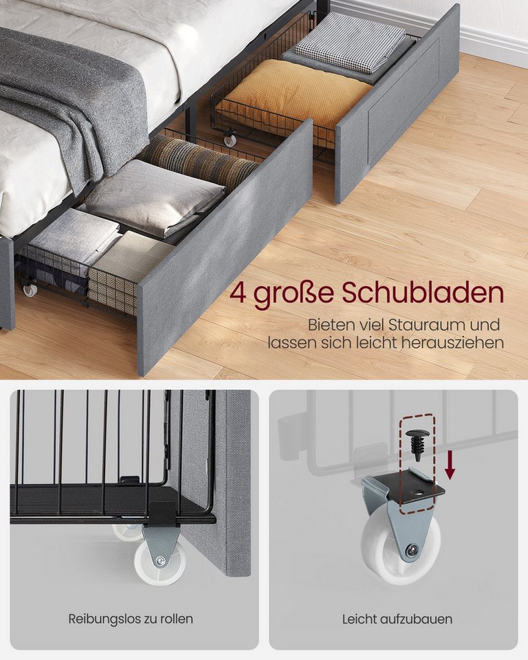 VASAGLE Polsterbett bettgestell, LED (25 Farben), USB-A & USB-C Ladestation, Stauraumbett (140 x 200 cm, 4 Schubladen, verstellbares gepolstertes Kopfteil), Lat – Bild 4 von 5